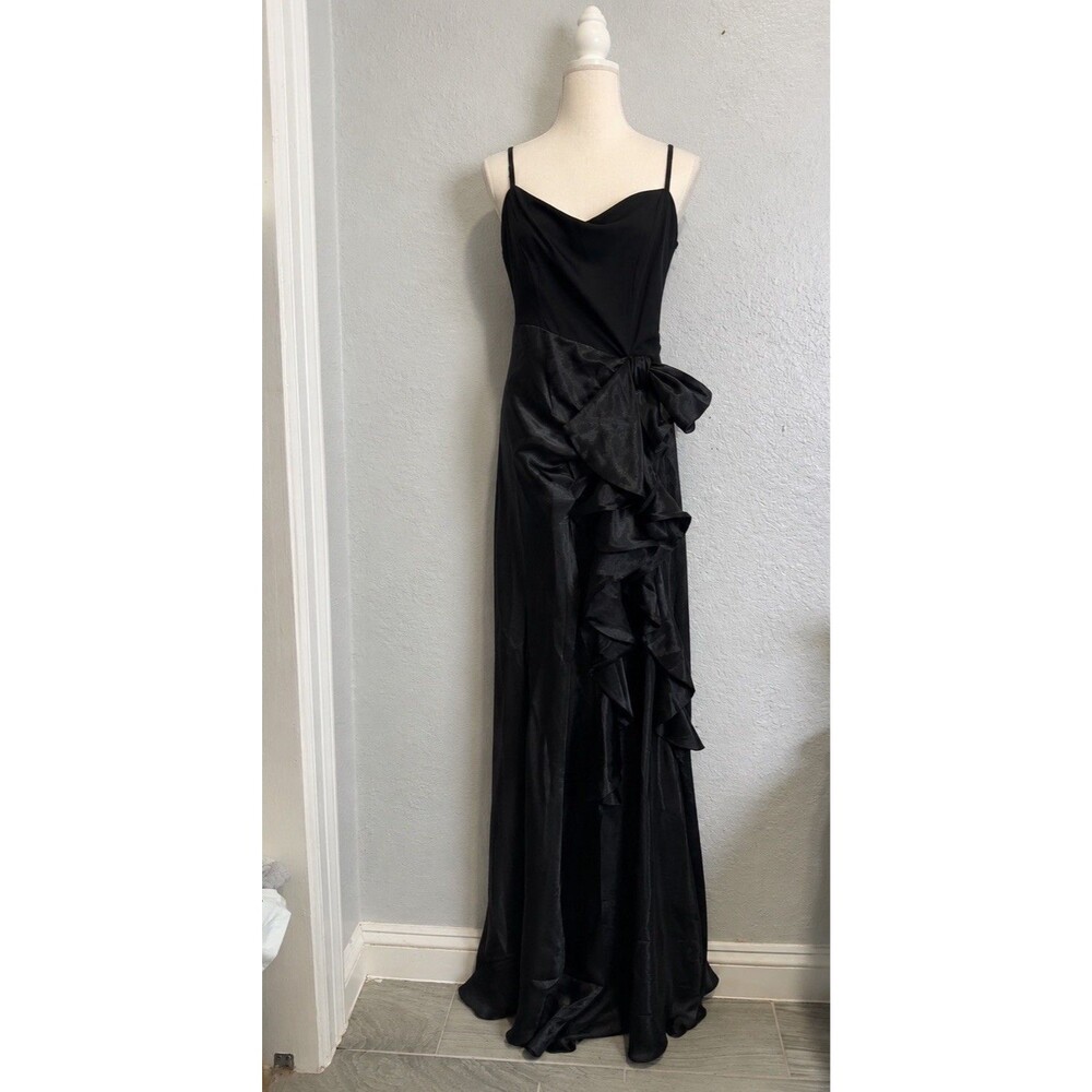 Betsy Adam Black Formal Evening Gown Size 2 Satin Crepe Side Ruffle Maxi Dress
